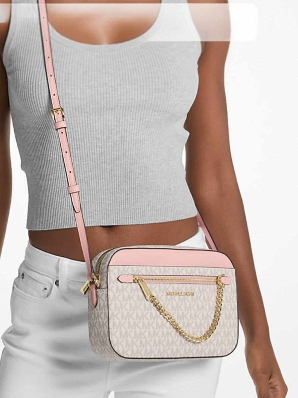 Michael Kors Pink and Vanilla Logo Small Crossbody Bag with Gold Chain